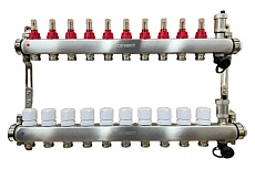 Коллектор для теплого пола Sanext 85210-1 нержавеющая сталь, с расходомерами, автоматический в/о и дренажный клапан, ДУ25, ВР1x10 конт. НР 3/4