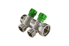 Коллектор с регулирующими клапанами SANTECHSYSTEMS 129-9345 3/4", 2 выхода под плоское уплотнение 1/2" н/р, межосевое расстояние между выходами 36мм