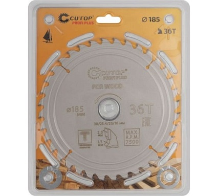 Диск пильный с тефлоновым покрытием по дереву Profi plus 185x1.3/2x30/25.4/20/16 мм, 36Т CUTOP 75-18536Т