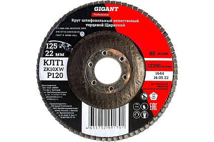 Круг лепестковый Professional 125х22.2 мм, P120, цирконий Gigant GNT-P120