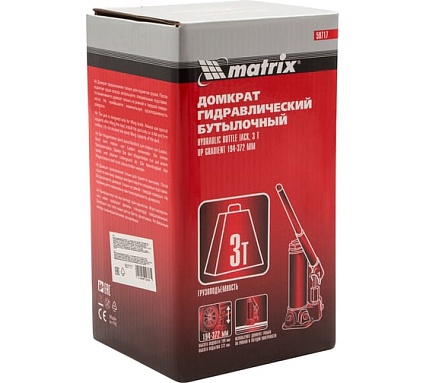 Гидравлический бутылочный домкрат Matrix 3 т, h подъема 194–372 мм//MASTER 50717