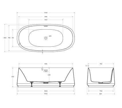 Акриловая ванна Cezares Lux CZR-LUX-CENTRAL-170-82-58 170x82 см белый глянцевый