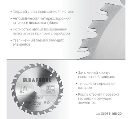 Диск пильный по дереву Optima 160x20 мм, 24Т Kraftool 36951-160-20