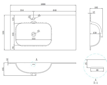 Раковина Vincea Elise 100 см Corian, белый матовый, левая VCB-4EL100MW-L