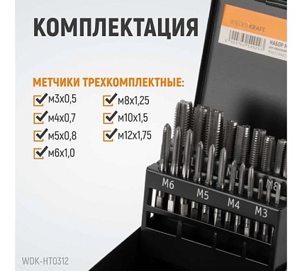Набор комплектных метчиков Wiederkraft М3-М12, 21 предмет WDK-HT0312