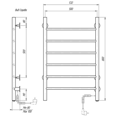 Полотенцесушитель электрический Domoterm Классик DMT 109-6 50x80 EK ТЭН справа, хром