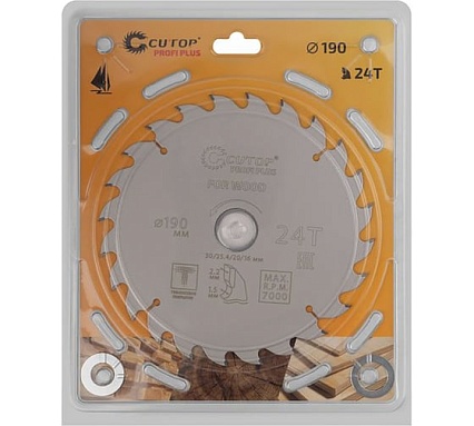 Диск пильный с тефлоновым покрытием по дереву Profi plus 190x1.5/2.2x30/25.4/20/16 мм, 24Т CUTOP 75-19024Т