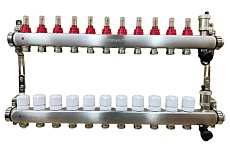 Коллектор для теплого пола Sanext 85211-1 нержавеющая сталь, с расходомерами, автоматический в/о и дренажный клапан, ДУ25, ВР1x11 конт. НР 3/4