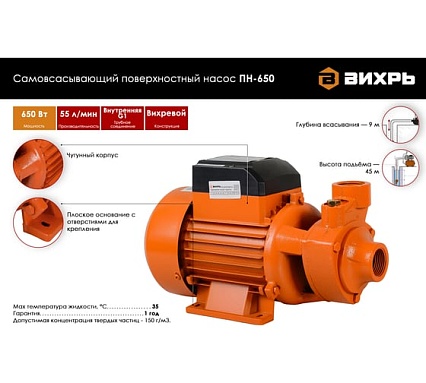 Поверхностный самовсасывающий насос Вихрь ПН-650 68/4/5