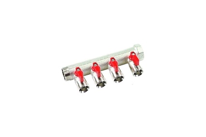 Коллектор с красными шаровыми кранами Henco 3/4"НР под евроконус, 3/4"-4xEK14,16,18,20 VB050504-ROOD