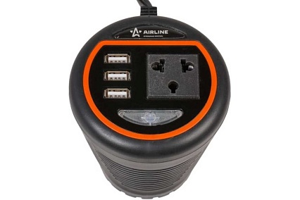 Инвертор в подстаканник с тремя выходами USB Airline API-120-00 (12В-220В, 120 Вт)