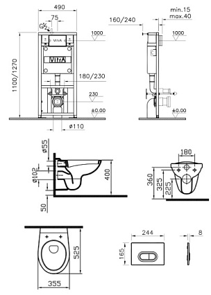 Подвесной унитаз VitrA Normus 9773B003-7203 система инсталляции VitrA V12, кнопка Loop O матовый хром, сиденье стандарт