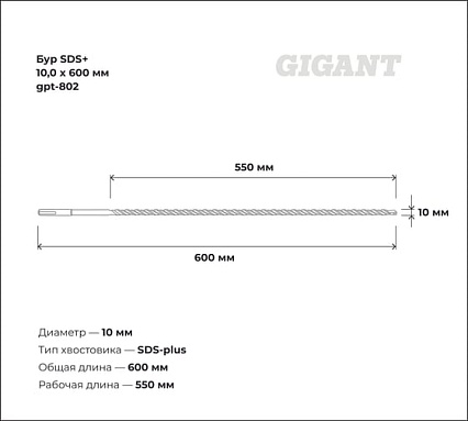 Бур SDS+ 10x600 мм Gigant gpt-802