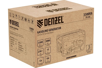 Бензиновый генератор Denzel PS-33E, 3,3 кВт, 230В, 15 л, электростартер 94537