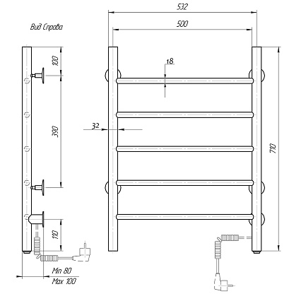 Полотенцесушитель электрический Domoterm Аврора DMT 109-5 53x71 BOX EK ТЭН справа, хром