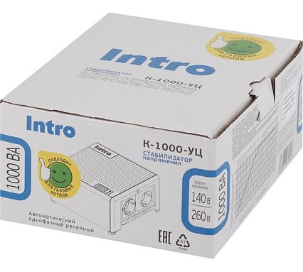 Стабилизатор напряжения Intro К-1000-УЦ, 140-260В/220В, 1000ВА Б0064662