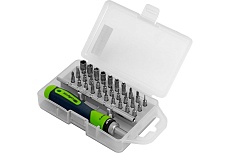 Реверсивная отвертка для точных работ с набором бит и торцевых головок Сибртех 32 предмета 13370