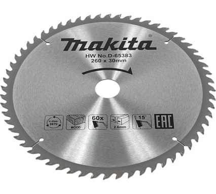 Диск пильный по дереву 260x30x2.6/1.8 мм, 60T Makita D-65383