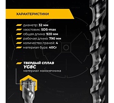 Бур по железобетону для перфоратора RAGE Furious 32 х 920 мм SDS-Max Quadro-X 623292