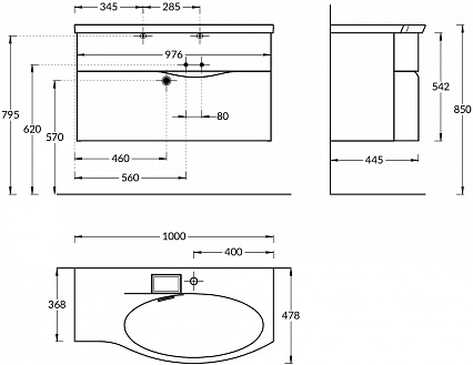 Раковина Kerama Marazzi Riva 100 см правая RV.wb.100Rh