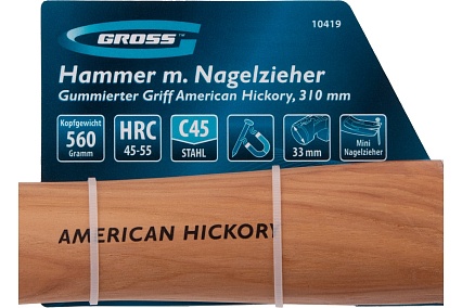 Молоток-гвоздодер Gross 560 г, угол 75, магнит, обрезиненная рукоятка american hickory 10419