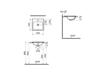 Раковина VitrA S20 5463B003-0001 квадратная 45 cм, c переливом