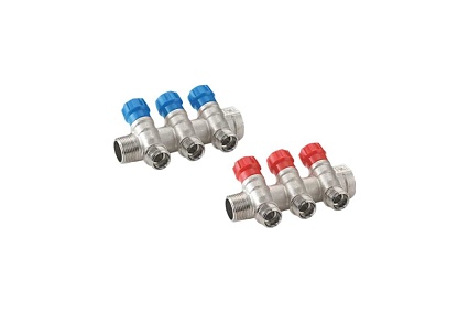 Коллектор RIIFO Flow с вентилями 3/4" ВР/НР 4x1/2"НР конус ц/ц 35 мм красные рукоятки 1100047708