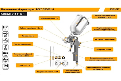 Пневматический краскопульт с верхним бачком Deko DKSG01-1 500 мл, металл, 1.2/1.5/1.8 мм 018-1100-1