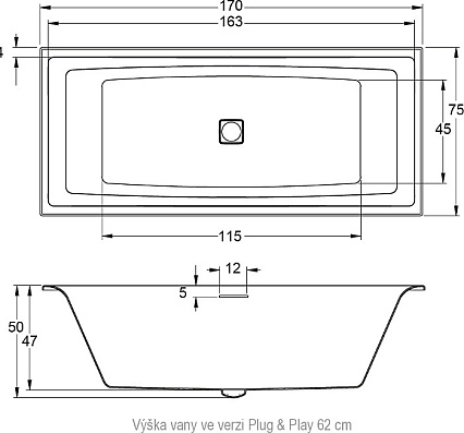 Акриловая ванна Riho Still Square Plug&Play 170x75 см R с монолитной панелью