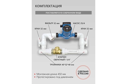 Байпас PROFLINE (насос 25/4 комплектуется полипропиленом Ду40) L- 450мм с обратным клапаном УТ-00007982