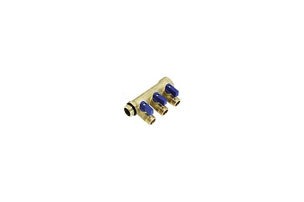Коллектор Tiemme 3 отвода, с шар. клапанами 1х1/2" (латунь) O-ring синие ручки 1820079 / 1832RCP