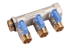 Коллектор с шаровыми кранами STOUT Smb 6211 341203 3/4&quot;, 3 отвода 1/2&quot;, синие ручки RG0091AACQML3R