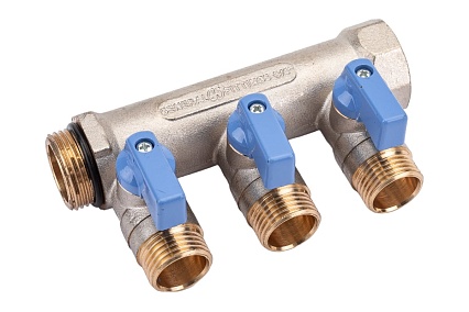 Коллектор с шаровыми кранами STOUT Smb 6211 341203 3/4", 3 отвода 1/2", синие ручки RG0091AACQML3R