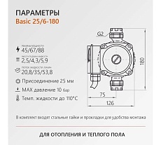 Циркуляционный насос PROFLINE basic 25/6-180 (гайки, кабель) УТ-00047613