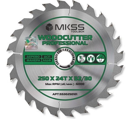 Диск пильный по дереву MKSS Toolbox Woodcutter Professional SS3025 250x24Тх1.8/2.6x32/30 мм SS30250101