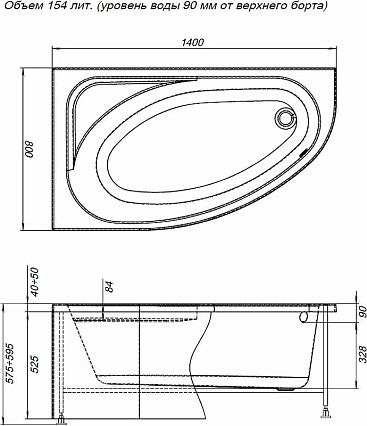 Акриловая ванна Aquanet Mia 140x80 см L 00246496