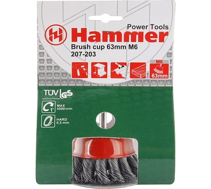 Кордщетка чашеобразная с хвостовиком Flex 207-203 (63 мм; d6; витая проволока) Hammer 32443