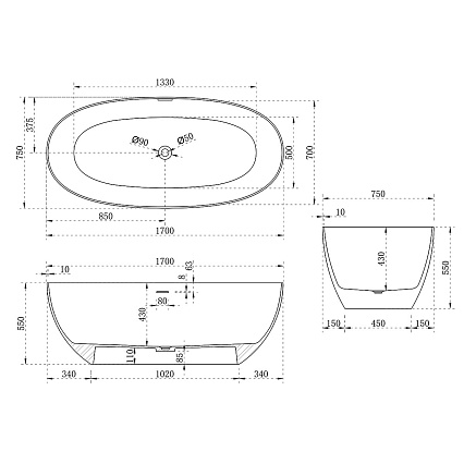 Ванна из искусственного камня Vincea VBT-6S01MW 170x75 см белый матовый