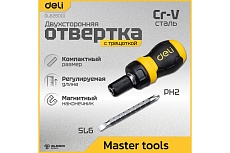 Двухсторонняя отвертка Deli с трещоткой, PH2+SL6 DL626010 (Cr-V, регулируемая длина 110-150мм, диаметр хвостовика 6мм) 98381