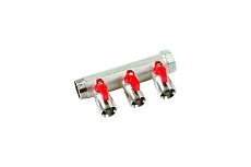 Коллектор Henco 1" с красными шаровыми кранами, 3/4"НР под евроконус, 1" - 2xEK14,16,18,20 VB060502-ROOD