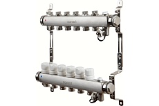 Коллектор для теплого пола Sanext нержавеющая сталь, с запорн., в/о и дренаж., ДУ25, ВР1"х 6 конт. НР 3/4" 8596