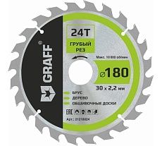 Пильный диск по дереву 180x1.4/2.2x30/25.4/20/16 мм, 24Т, черновая обработка GRAFF 21218024