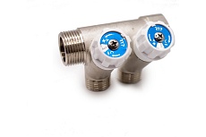 Коллектор с вентилями RTP латунь, наружная резьба, 1"х3/4"х2, никелированный, 39508