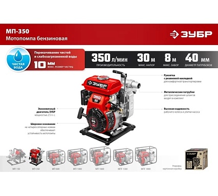 Бензиновая мотопомпа Зубр 350 л/мин МП-350