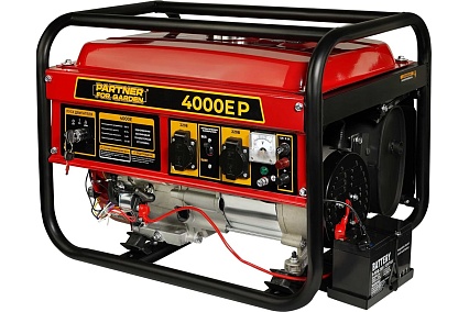 Электрический бензиновый генератор Partner For Garden 4000е P 4.875 ква макс. нагрузка, 220 В, 12 В, 3.5 кВт, 50 Гц, 7 л.с, электростартер, акб 6285