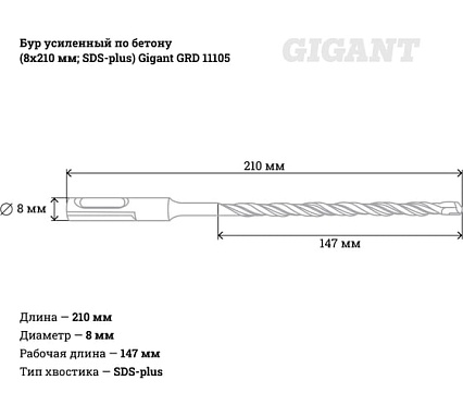 Бур усиленный по бетону SDS-plus (8x210 мм) Gigant GRD 11105