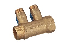 Коллектор Tiemme 2 отвода, с шаровыми клапанами 1х1/2&quot;(16) (латунь) синие ручки 1820042