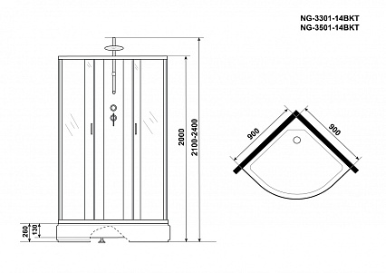 Душевая кабина Niagara NG 3501-14BKT 90x90 стекло тонированное, без крыши, тропический душ