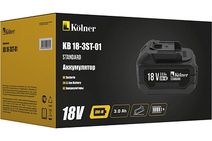 Аккумулятор Kolner 18В UNI-M Standard, 3.0Ач, KB 18-3ST-01, Li-lon, индикатор заряда, прорезиненный корпус, защита от перегрева, КЗ, перезаряда 8080118006