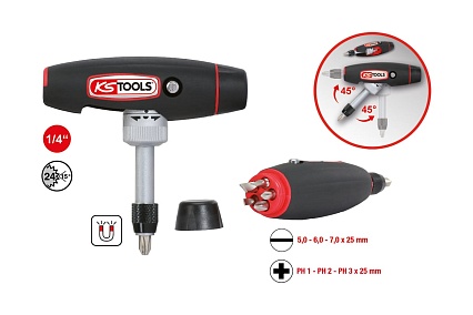 Отвертка для бит KS Tools с ручкой-трансформером, 1/4", в комплекте с 5 битами 911.2475